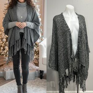 Gray Fringe Knit Poncho